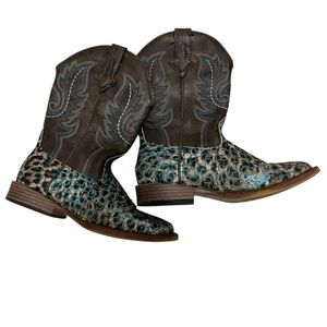 Roper Girls' Glitter Leopard Western Boots - Square Toe Turquoise Brown sz 2 #GT